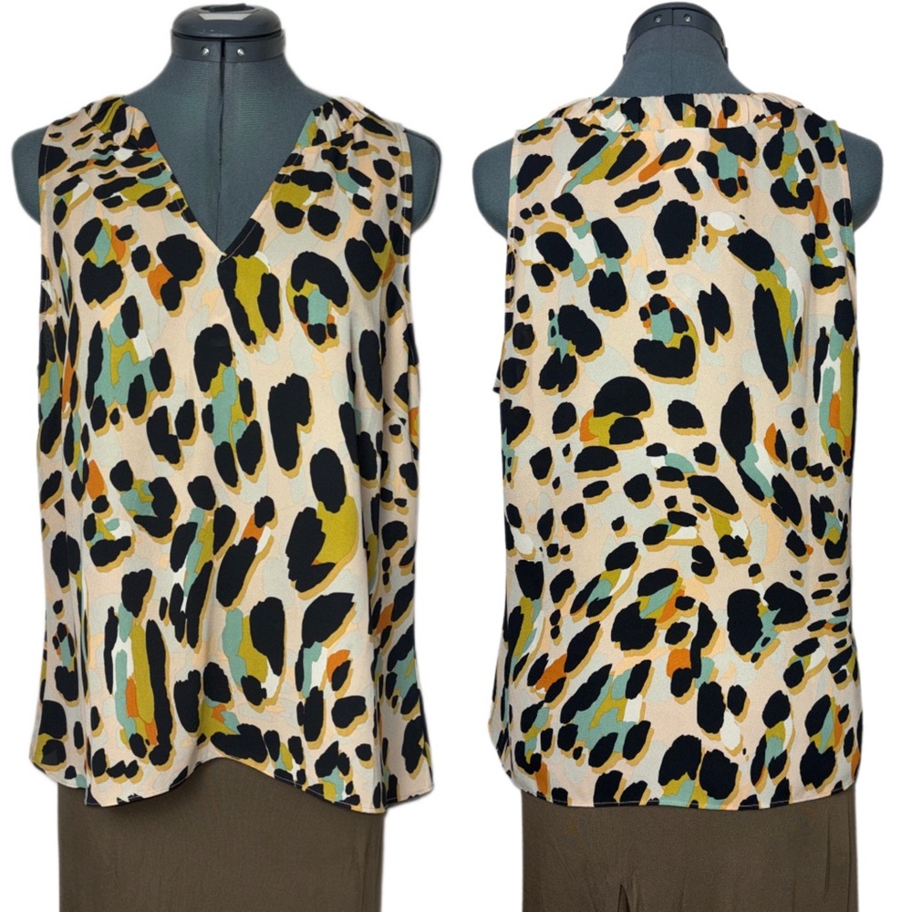 CAbi Sleeveless V-Neck Blouse in Cream, Black, Mustard & Teal Leopard Print